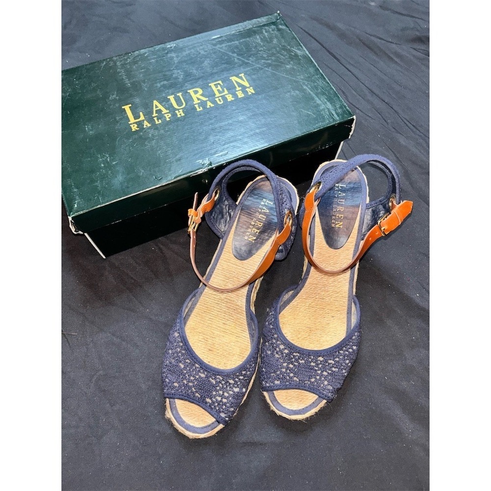 Lauren Ralph Lauren Wedge Espadrille Sandal Women Navy Lace Peep Toe 10 jute 3.5